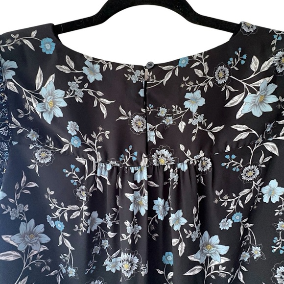 LOFT | NWOT LONG SLEEVE BLACK & CORNFLOWER BLUE FLORAL BOHO TOP RUFFLE YOKE | SM - Picture 9 of 11